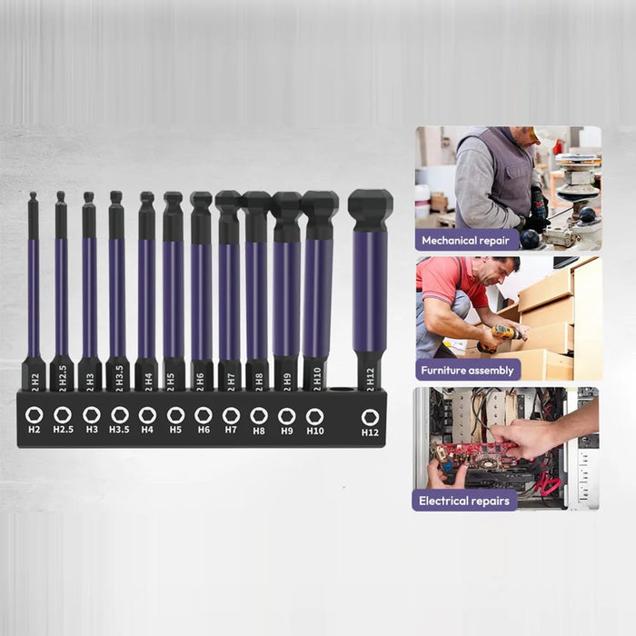 13Pcs / Set 1 / 4 Inch Shank S2 Alloy Steel Hexagonal Ball End Screwdriver Bits with Mini Ratchet Wrench - 6