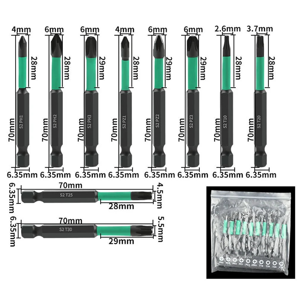 10Pcs Magnetic Hex Shank Electric Drill Bits Set S2 Alloy Steel Phillips Pozidriv Torx Bits - 7