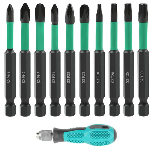 11Pcs / Set Magnetic Hex Shank Electric Drill Bits S2 Alloy Steel Phillips Pozidriv Torx Bits with Screwdriver Handle - 1