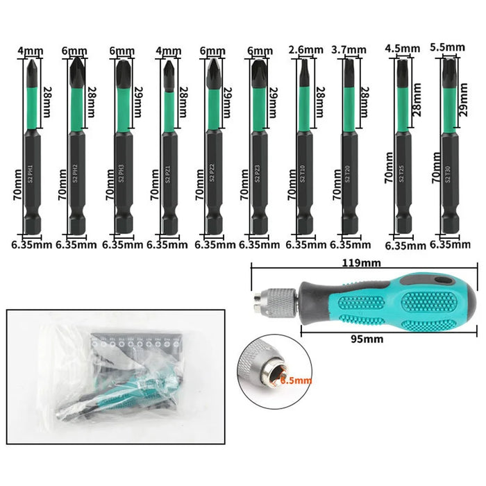 11Pcs / Set Magnetic Hex Shank Electric Drill Bits S2 Alloy Steel Phillips Pozidriv Torx Bits with Screwdriver Handle - 7