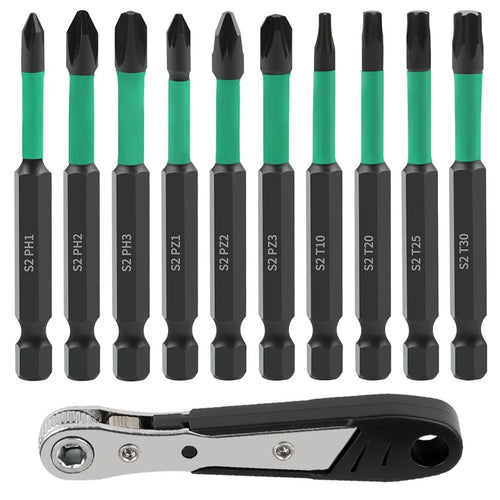 11Pcs / Set Magnetic Hex Shank Electric Drill Bits S2 Alloy Steel Phillips Pozidriv Torx Bits with Ratchet Wrench - 1
