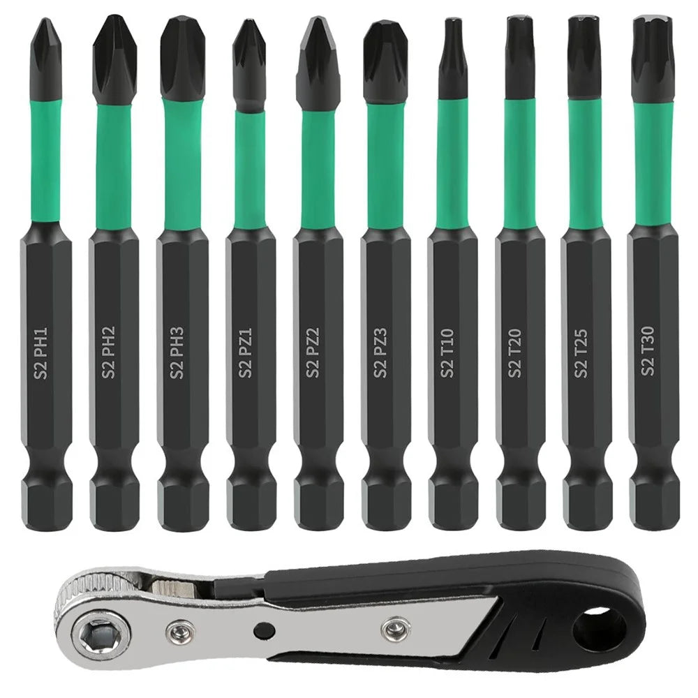 11Pcs / Set Magnetic Hex Shank Electric Drill Bits S2 Alloy Steel Phillips Pozidriv Torx Bits with Ratchet Wrench - 1