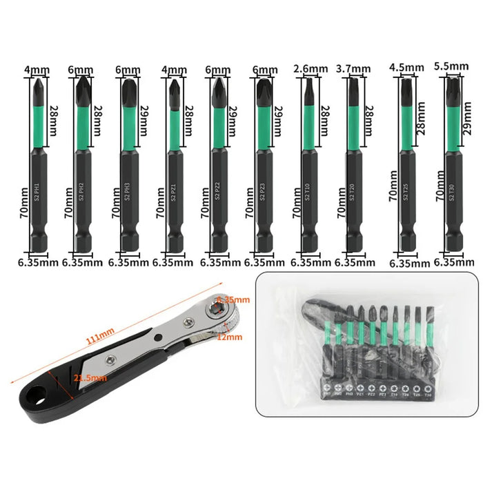 11Pcs / Set Magnetic Hex Shank Electric Drill Bits S2 Alloy Steel Phillips Pozidriv Torx Bits with Ratchet Wrench - 7