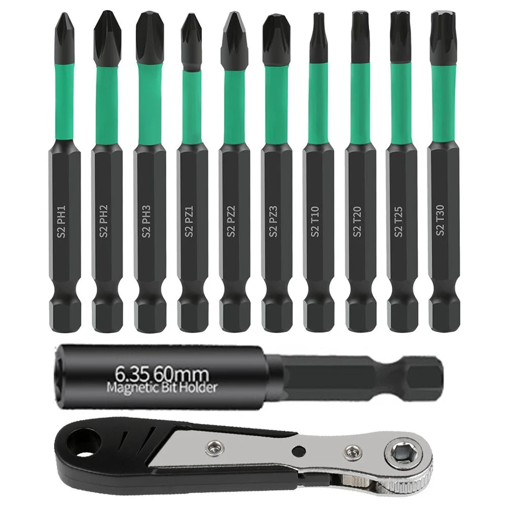 12Pcs / Set S2 Alloy Steel Phillips Pozidriv Torx Electric Drill Bits with Ratchet Wrench and Magnetic Bit Holder - 1