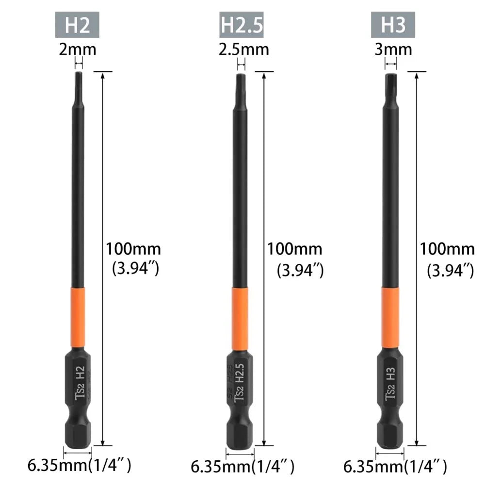 6PCS 100mm Hex Shank Screw Driver Bit Set H2, H2.5 H3 H4 H5 H6 TS2 Steel Magnetic Screwdriver Bits - 6
