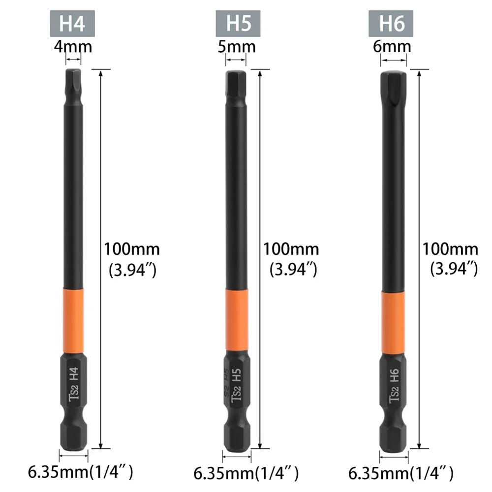 6PCS 100mm Hex Shank Screw Driver Bit Set H2, H2.5 H3 H4 H5 H6 TS2 Steel Magnetic Screwdriver Bits - 7