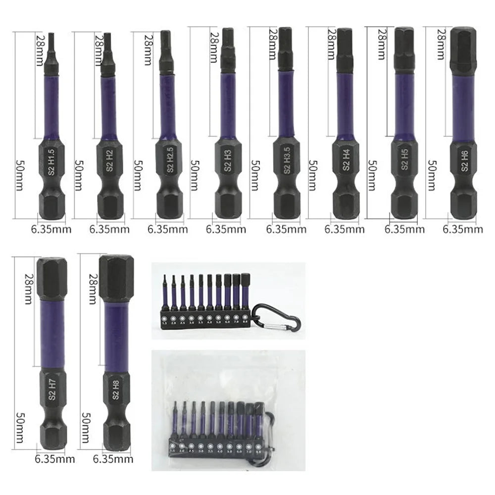 10Pcs  /  Set 50mm Rust Resistant S2 Alloy Steel Hex Shank Screwdriver Bits with Hanging Buckle - 7