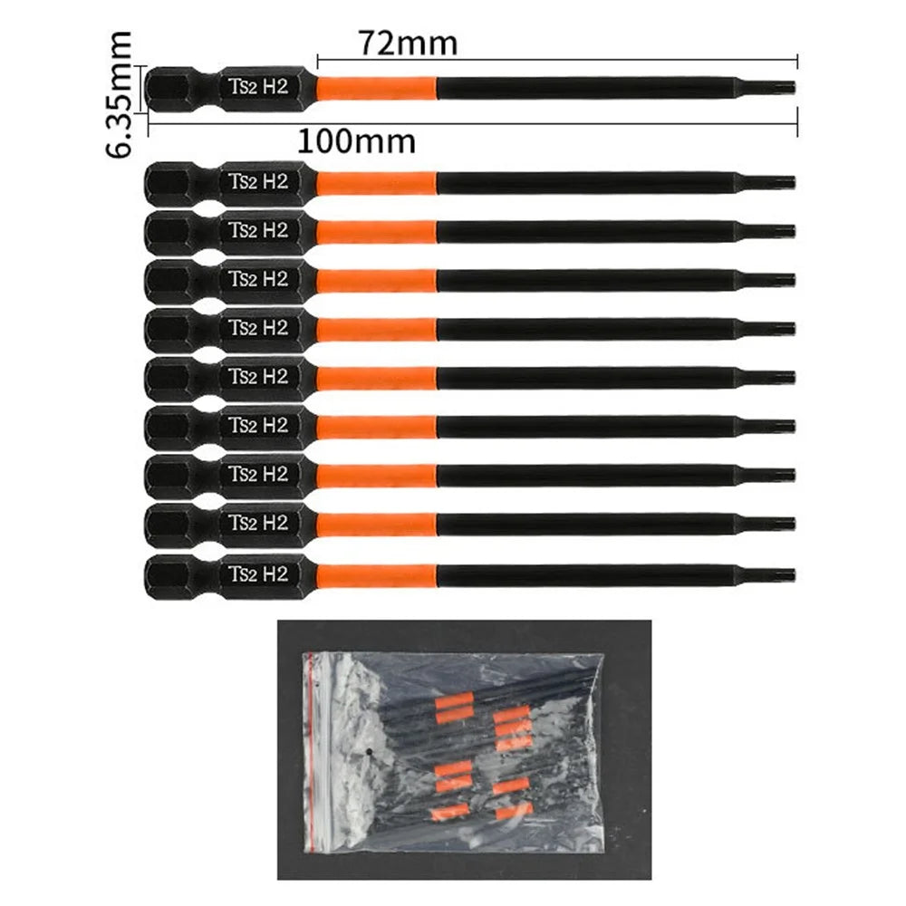 10Pcs / Set 100mm H2 Anti-Rust S2 Alloy Steel Magnetic Hex Shank Screwdriver Bits - 6