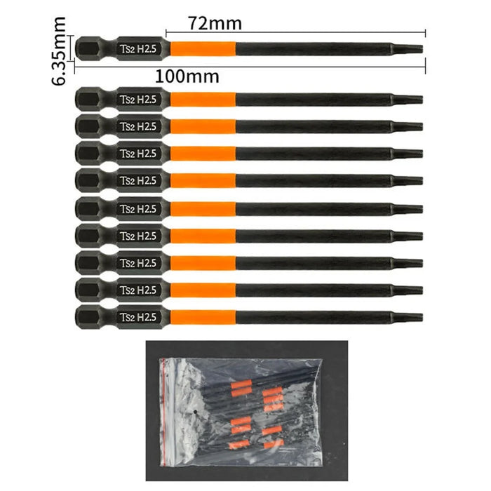 10Pcs / Set 100mm H2.5 Anti-Rust S2 Alloy Steel Magnetic Hex Shank Screwdriver Bits - 6