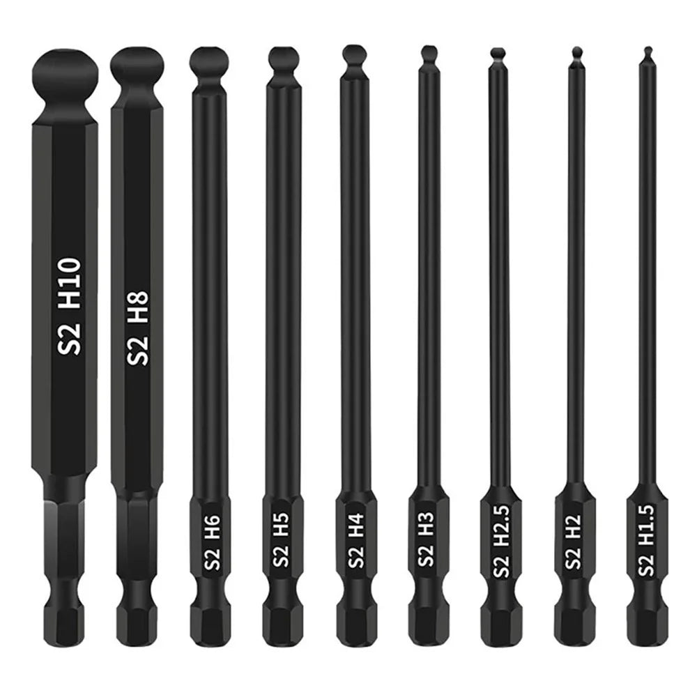 9Pcs H1.5 / 2 / 2.5 / 3 / 4 / 5 / 6 / 8 / 10 S2 Alloy Steel Ball Head Hex Shank Magnetic Screwdriver Bits Set - 1