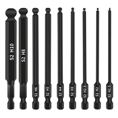 9Pcs H1.5 / 2 / 2.5 / 3 / 4 / 5 / 6 / 8 / 10 S2 Alloy Steel Ball Head Hex Shank Magnetic Screwdriver Bits Set - 1