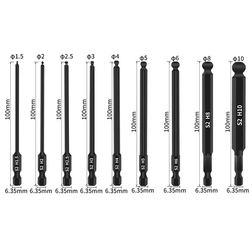 9Pcs H1.5 / 2 / 2.5 / 3 / 4 / 5 / 6 / 8 / 10 S2 Alloy Steel Ball Head Hex Shank Magnetic Screwdriver Bits Set - 7