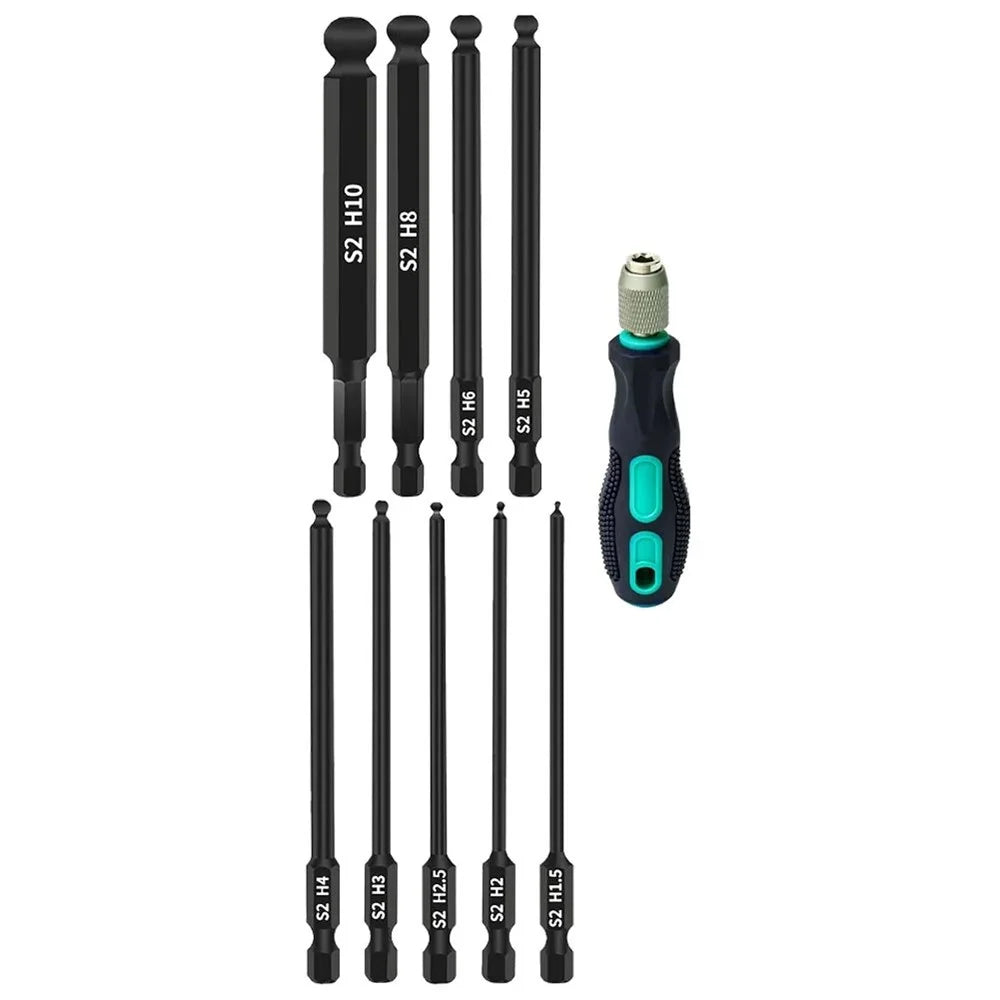 10Pcs / Set H1.5 / 2 / 2.5 / 3 / 4 / 5 / 6 / 8 / 10 Ball Head Hex Shank Magnetic Bits with Screwdriver Handle - 3