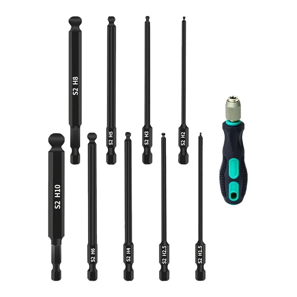 10Pcs / Set H1.5 / 2 / 2.5 / 3 / 4 / 5 / 6 / 8 / 10 Ball Head Hex Shank Magnetic Bits with Screwdriver Handle - 6