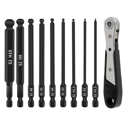 10Pcs / Set H1.5 / 2 / 2.5 / 3 / 4 / 5 / 6 / 8 / 10 Ball Head Hex Shank Magnetic Screwdriver Bits with Mini Ratchet Wrench - 1