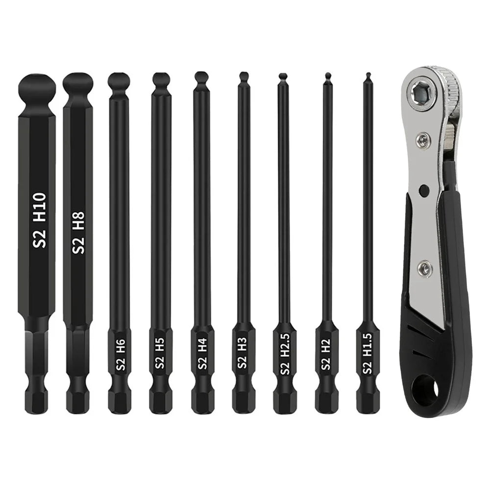 10Pcs / Set H1.5 / 2 / 2.5 / 3 / 4 / 5 / 6 / 8 / 10 Ball Head Hex Shank Magnetic Screwdriver Bits with Mini Ratchet Wrench - 1