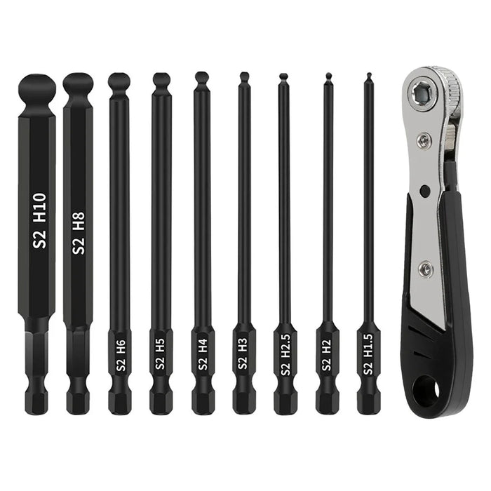 10Pcs / Set H1.5 / 2 / 2.5 / 3 / 4 / 5 / 6 / 8 / 10 Ball Head Hex Shank Magnetic Screwdriver Bits with Mini Ratchet Wrench - 1