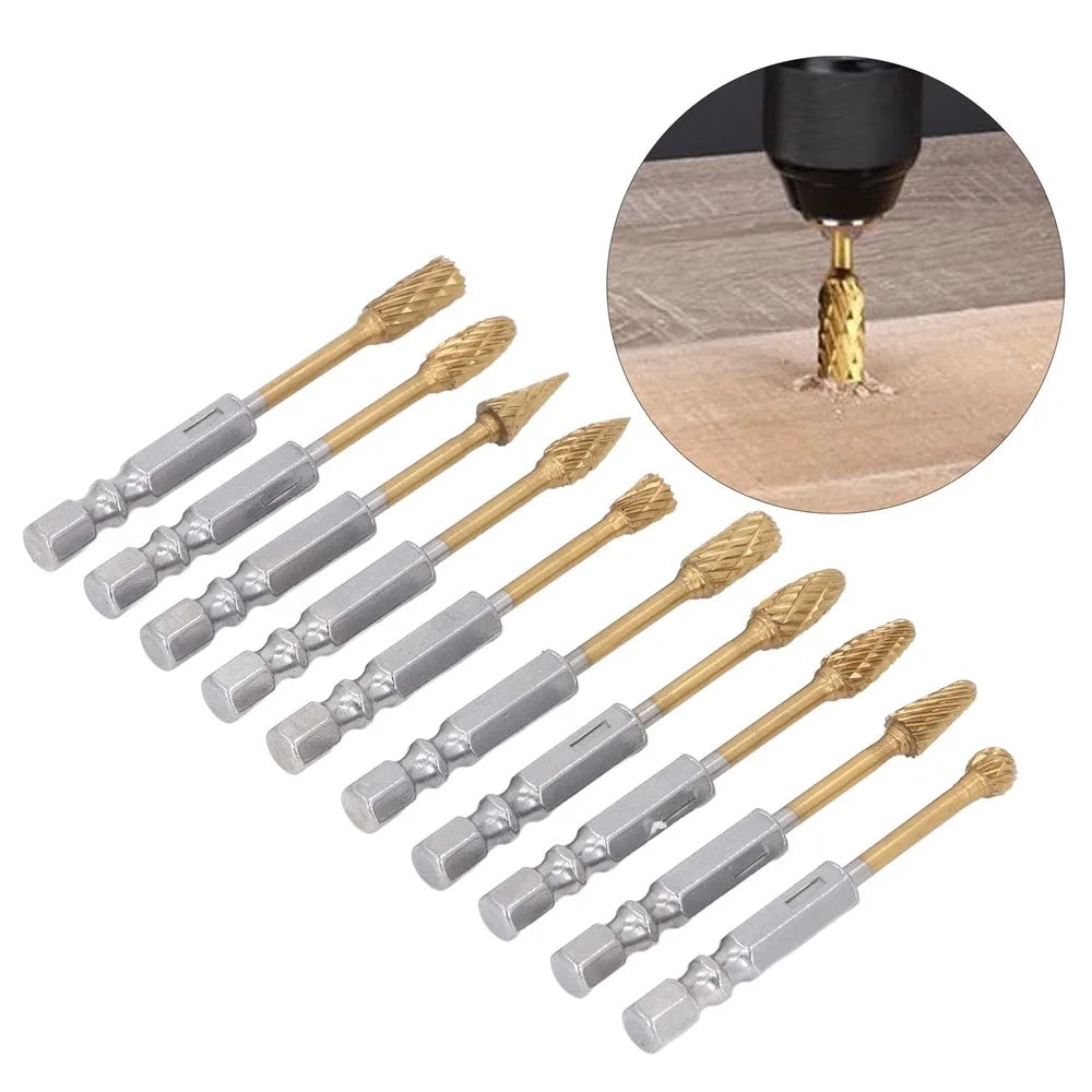 10Pcs Carbide Double Cut Rotary Burrs Set for Woodworking Carving Polishing Hex Shank Grinder Bits - 1