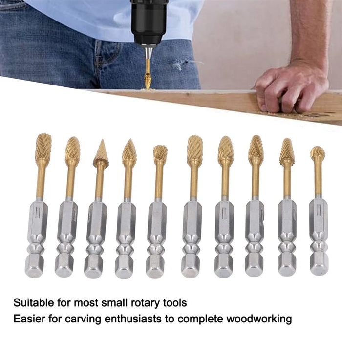 10Pcs Carbide Double Cut Rotary Burrs Set for Woodworking Carving Polishing Hex Shank Grinder Bits - 2