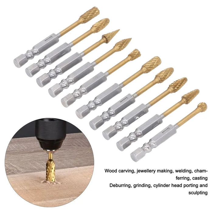 10Pcs Carbide Double Cut Rotary Burrs Set for Woodworking Carving Polishing Hex Shank Grinder Bits - 4