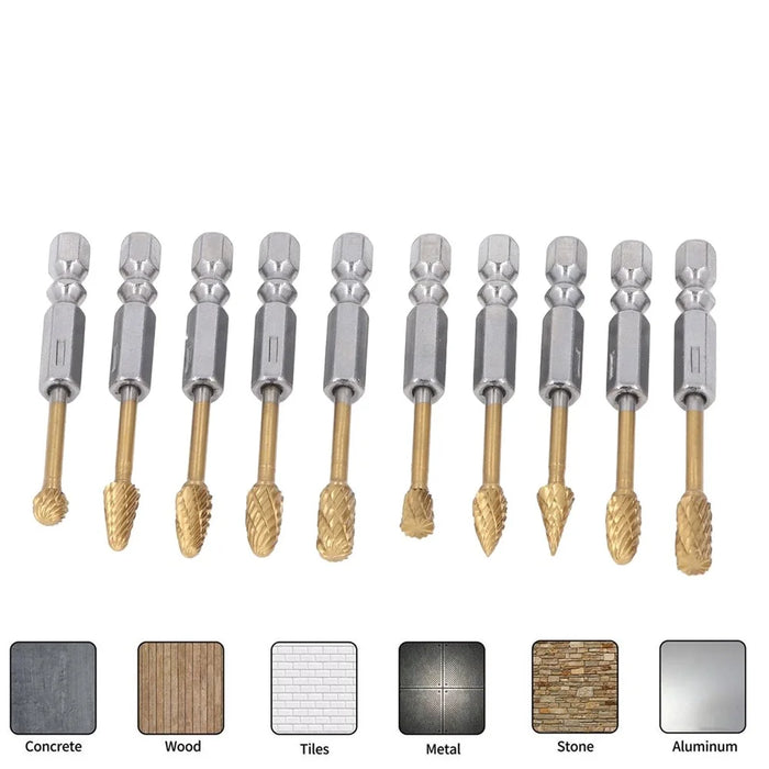 10Pcs Carbide Double Cut Rotary Burrs Set for Woodworking Carving Polishing Hex Shank Grinder Bits - 5