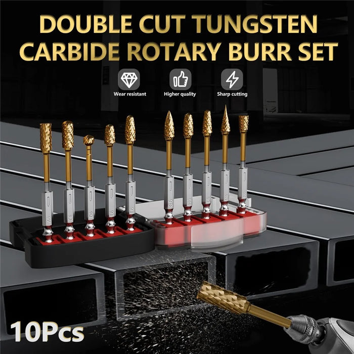 10Pcs Carbide Double Cut Rotary Burrs Set for Woodworking Carving Polishing Hex Shank Grinder Bits - 7