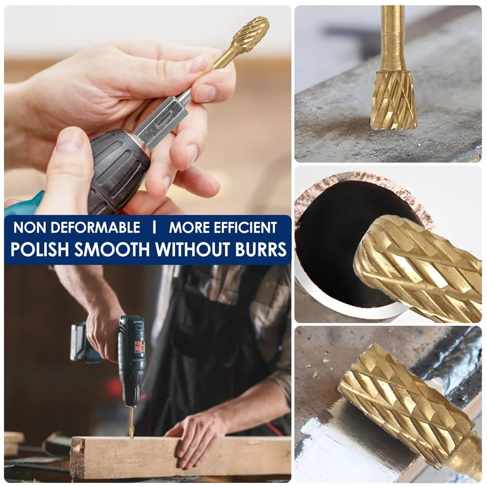 3-E6 67mm Titanium-Coated Double-Flute Carbide Rotary Burr File Grinding Drill Bit with 1 / 4" Hex Shank - 2
