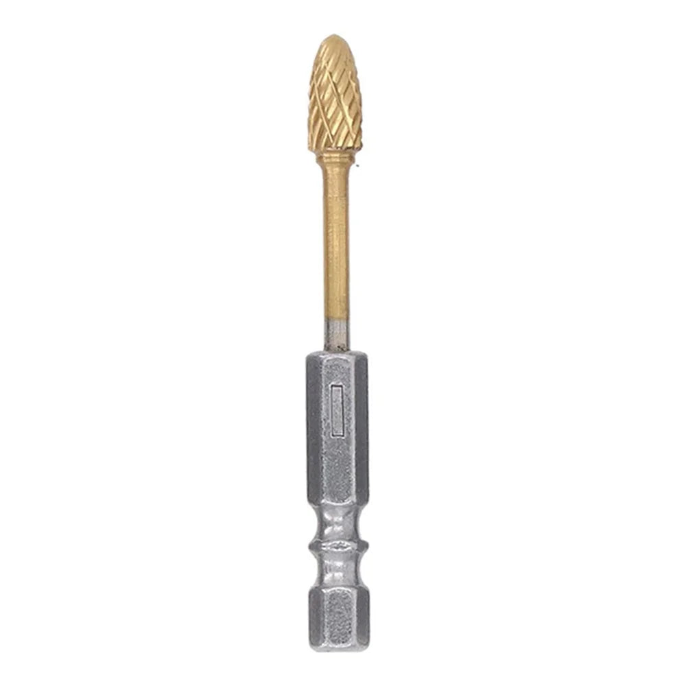 3-F6 70mm Titanium-Coated Double-Flute Carbide Rotary Burr File Grinding Drill Bit with 1 / 4" Hex Shank - 1