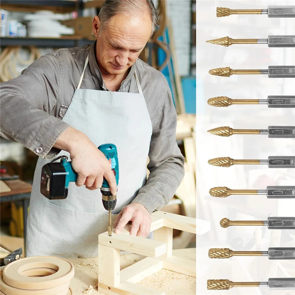 3-F6 70mm Titanium-Coated Double-Flute Carbide Rotary Burr File Grinding Drill Bit with 1 / 4" Hex Shank - 2