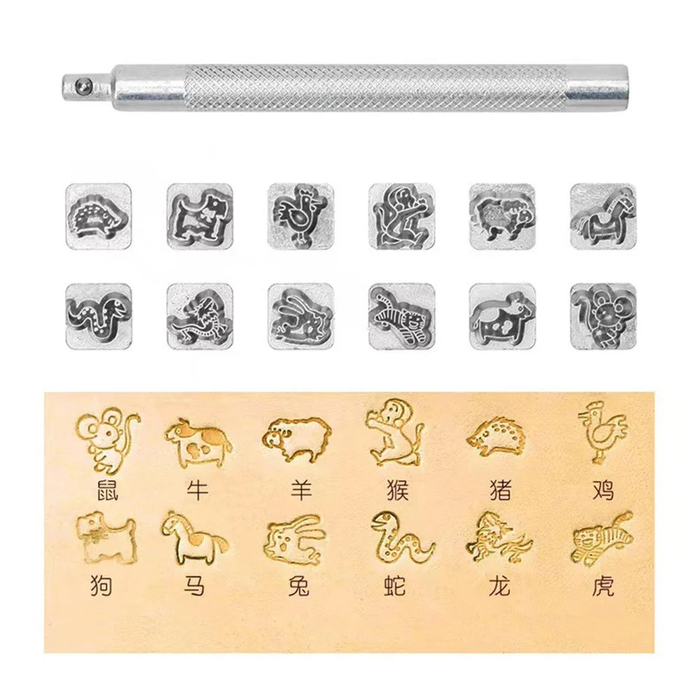 12Pcs DIY Leather Craft Tool Set Zinc Alloy Pattern Stamping Punches for Leather Working - Chinese Zodiac - 2