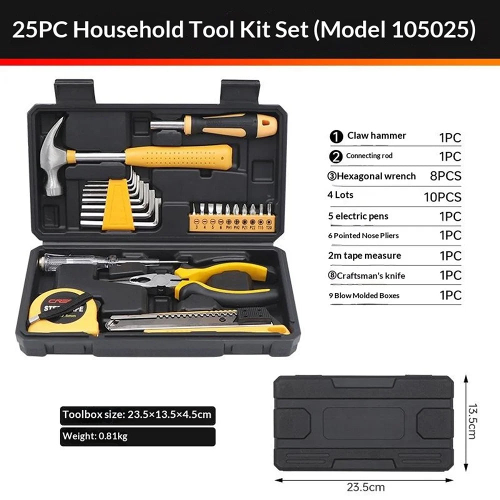 CREST 25Pcs Household Tool Kit Set with Hammer Pliers Hex Keys Screwdrivers for Home Repair - Yellow - 5