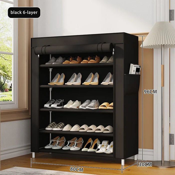6-Tier Shoe Rack Non-Woven Fabric Dustproof Storage Cabinet with Roll Up Zipper Door Side Pocket, 80x30x96cm - Black - 1