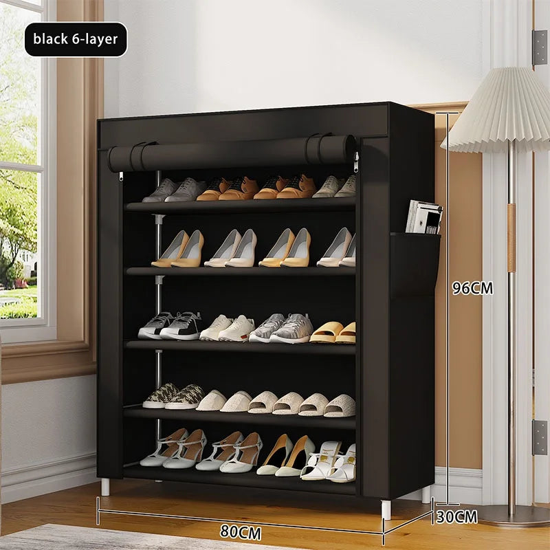 6-Tier Shoe Rack Non-Woven Fabric Dustproof Storage Cabinet with Roll Up Zipper Door Side Pocket, 80x30x96cm - Black - 1