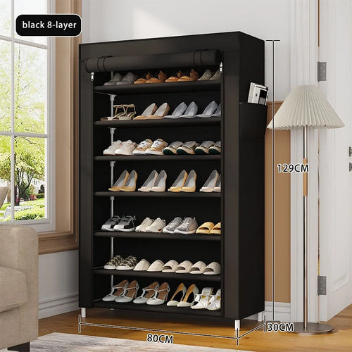 8-Tier Shoe Rack Non-Woven Fabric Dustproof Storage Cabinet with Roll Up Zipper Door Side Pocket, 80x30x129cm - Black - 1