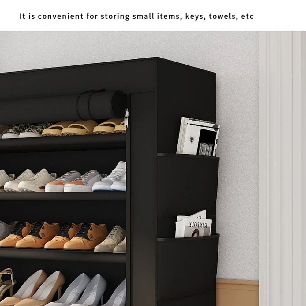 8-Tier Shoe Rack Non-Woven Fabric Dustproof Storage Cabinet with Roll Up Zipper Door Side Pocket, 80x30x129cm - Black - 2