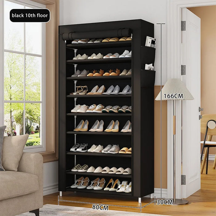 10-Tier Shoe Rack Non-Woven Fabric Dustproof Storage Cabinet with Roll Up Zipper Door Side Pocket, 80x30x166cm - Black - 1
