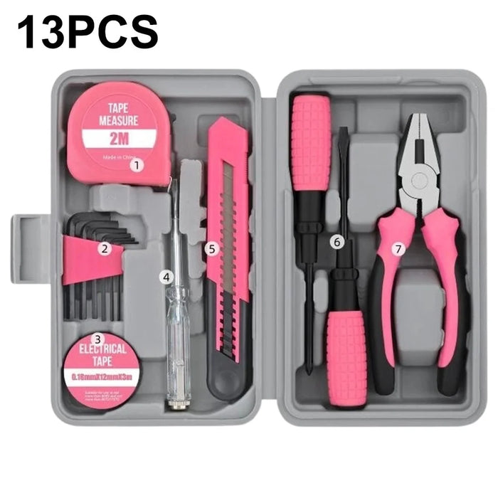 13Pcs Tool Kit Set Home Repair Tool Box with Utility Knife Pliers Screwdriver Measuring Tape - Pink - 1