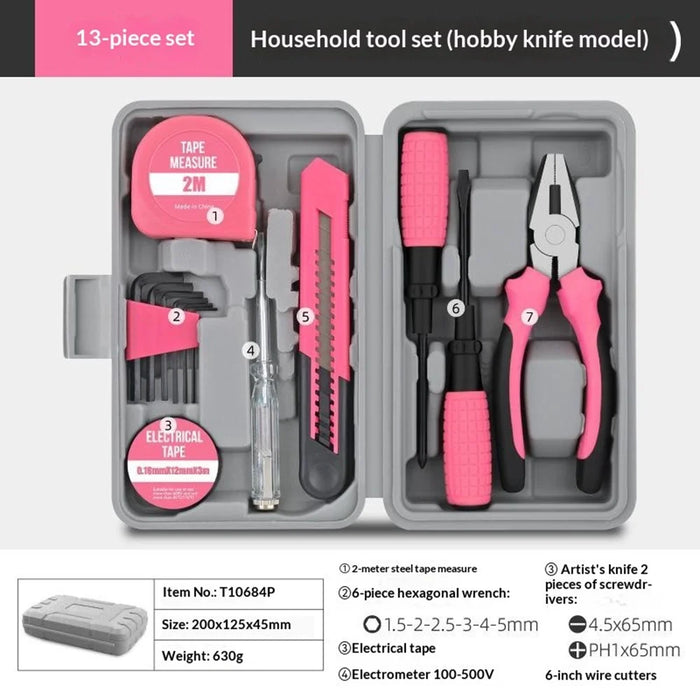 13Pcs Tool Kit Set Home Repair Tool Box with Utility Knife Pliers Screwdriver Measuring Tape - Pink - 2