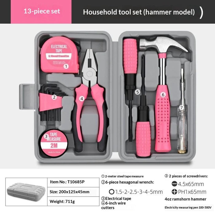13Pcs Household Tool Kit with Hammer Screwdriver Pliers Tape Measure Hex Wrench Set for Home Repair - Pink - 2