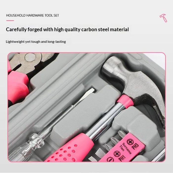 13Pcs Household Tool Kit with Hammer Screwdriver Pliers Tape Measure Hex Wrench Set for Home Repair - Pink - 3