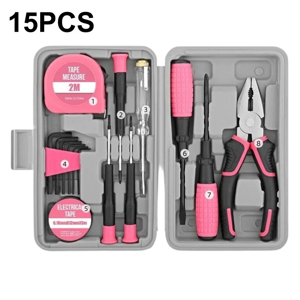15Pcs Tool Kit Set Home Repair Tools with Case Screwdriver Pliers Wrench Tape Measure Repair Tools Set - Pink - 1