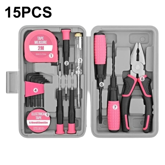 15Pcs Tool Kit Set Home Repair Tools with Case Screwdriver Pliers Wrench Tape Measure Repair Tools Set - Pink - 1
