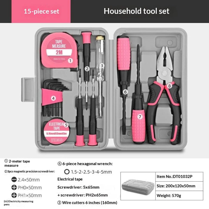 15Pcs Tool Kit Set Home Repair Tools with Case Screwdriver Pliers Wrench Tape Measure Repair Tools Set - Pink - 2