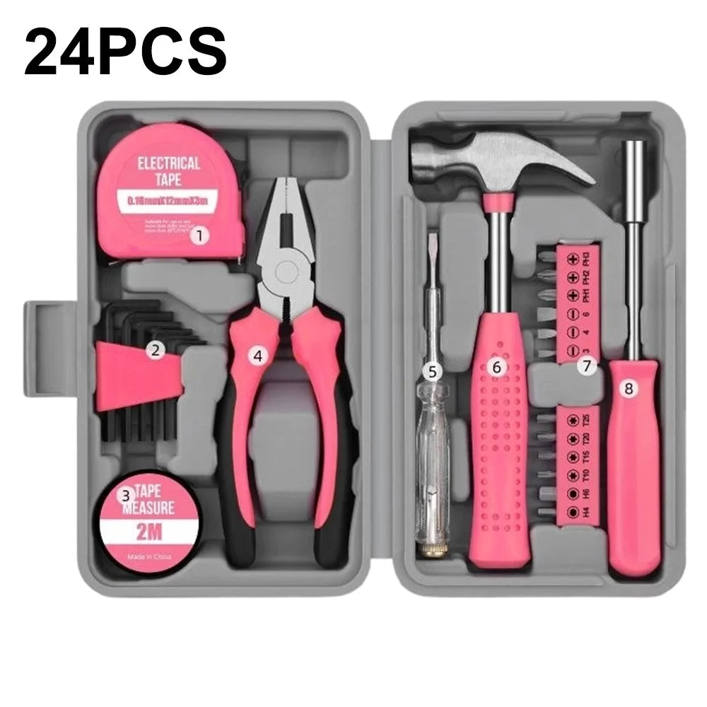 24Pcs Household Tool Set Screwdriver Bits Kit Pliers Hammer Measuring Tape Electrical Tester Tool Kit for Home Repair - Pink - 1