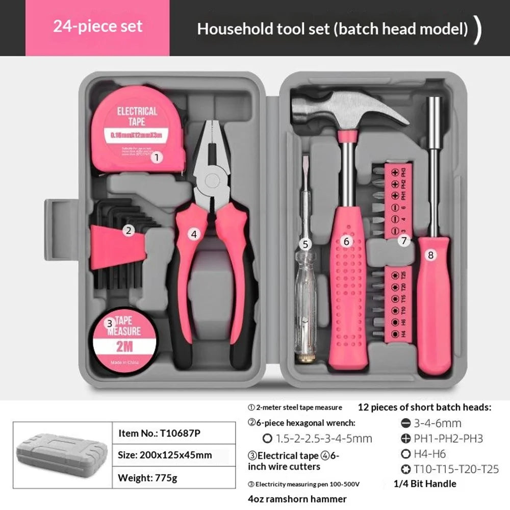 24Pcs Household Tool Set Screwdriver Bits Kit Pliers Hammer Measuring Tape Electrical Tester Tool Kit for Home Repair - Pink - 2