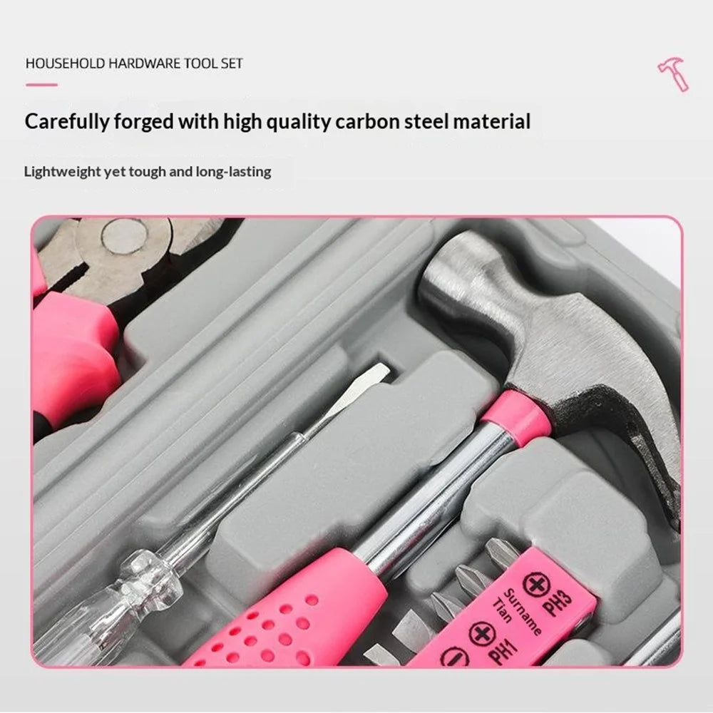 24Pcs Household Tool Set Screwdriver Bits Kit Pliers Hammer Measuring Tape Electrical Tester Tool Kit for Home Repair - Pink - 3