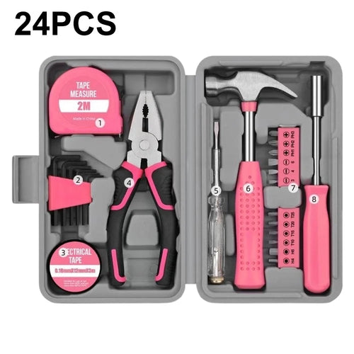 24Pcs Household Tool Set Screwdriver Bits Kit Upgraded Pliers Hammer Measuring Tape Electrical Tester Tool Kit for Home Repair - Pink - 1