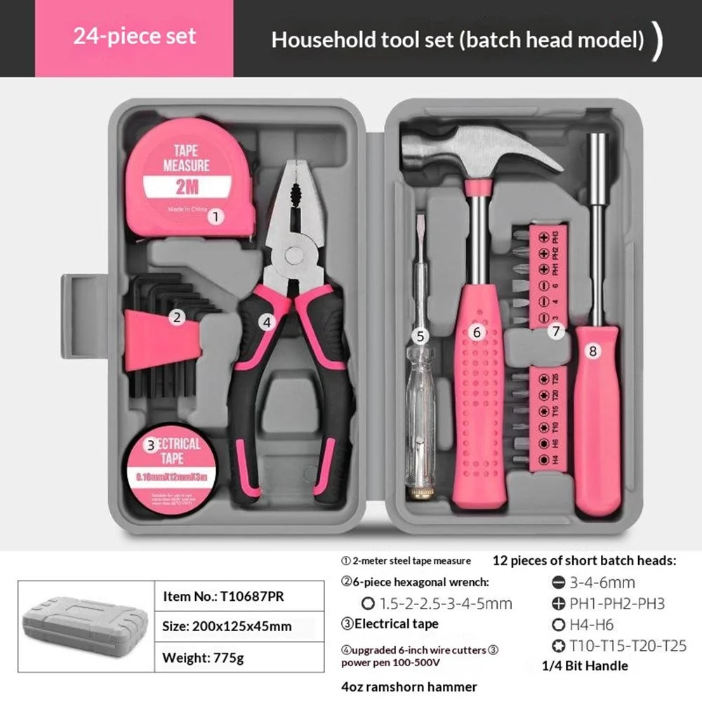 24Pcs Household Tool Set Screwdriver Bits Kit Upgraded Pliers Hammer Measuring Tape Electrical Tester Tool Kit for Home Repair - Pink - 2