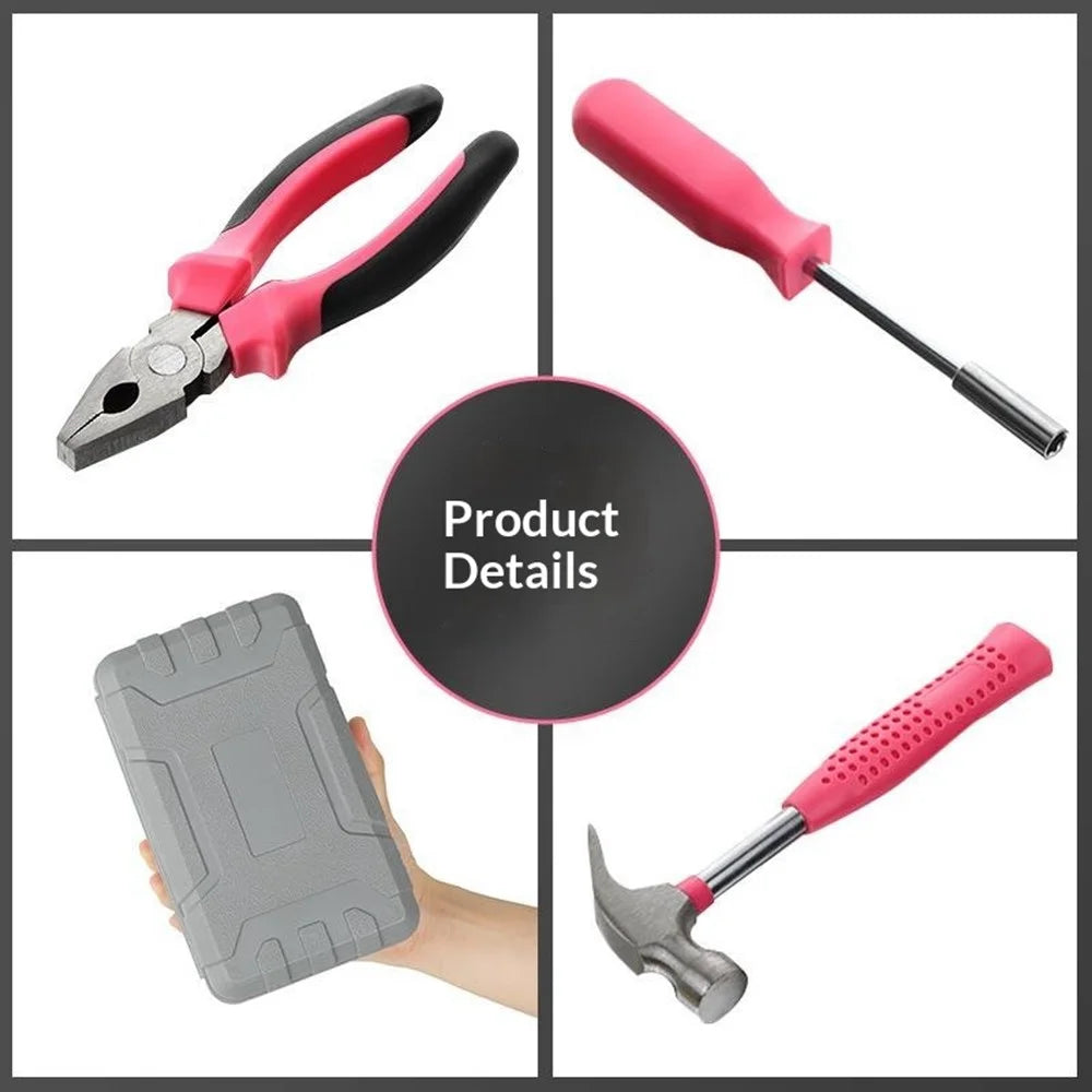 24Pcs Household Tool Set Screwdriver Bits Kit Upgraded Pliers Hammer Measuring Tape Electrical Tester Tool Kit for Home Repair - Pink - 4