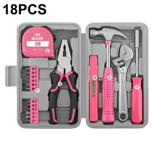 18Pcs Tool Set Household Hardware Repair Kit with Tape Measure Pliers Screwdriver Hammer Level - Pink - 1